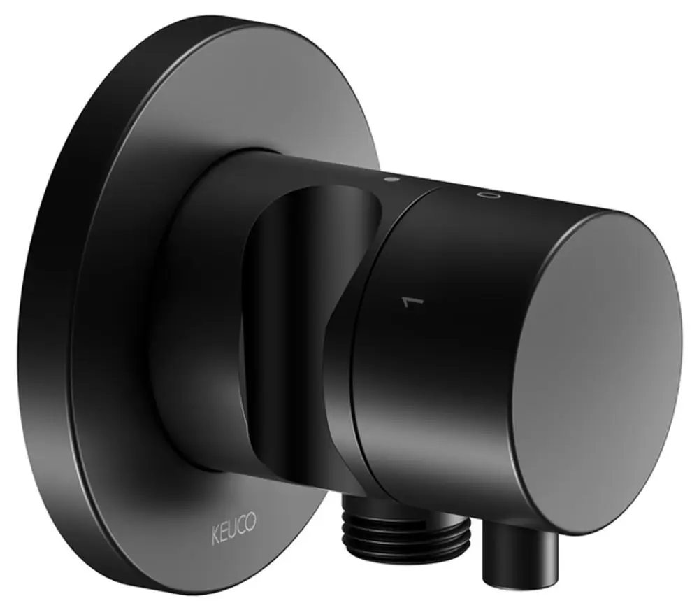 Schwarze Umstell- und Zutrittsarmatur von Keuco mit runder Form und Anschluss für Schlauch und Duschkopf. Geeignet für moderne Badezimmerinstallation.